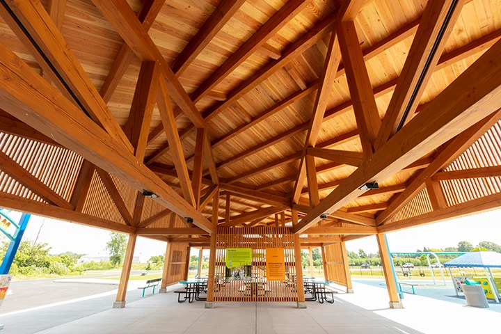 Close-up view of the pavilion timber frame construction
